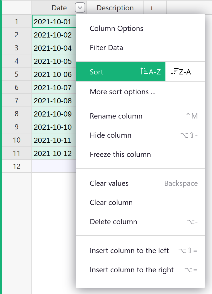 Column Menu Sort